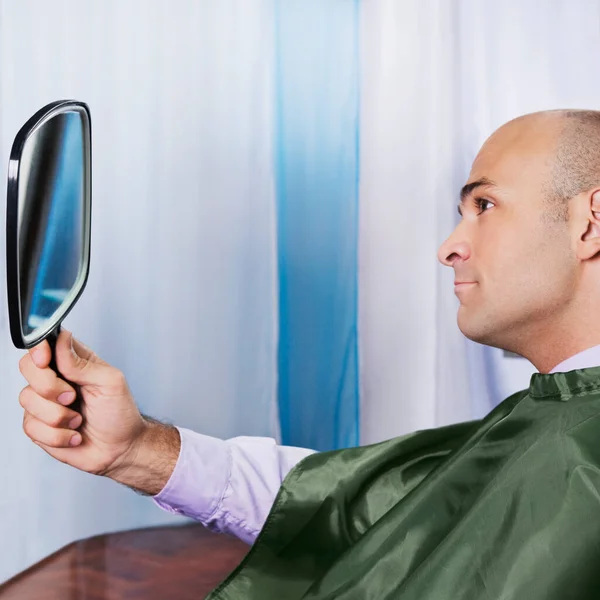 Portrait Young Man Blue Suit Tie Looking Mirror — Stock Photo, Image