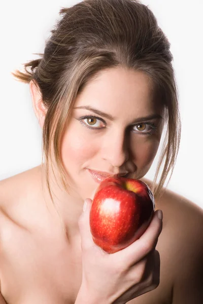 Portrait Beautiful Young Woman Red Apple — Stock Photo, Image