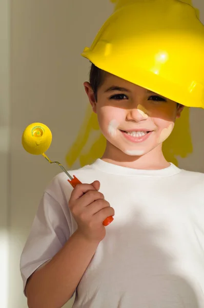 Boy Yellow Helmet White Shirt — Stock Photo, Image