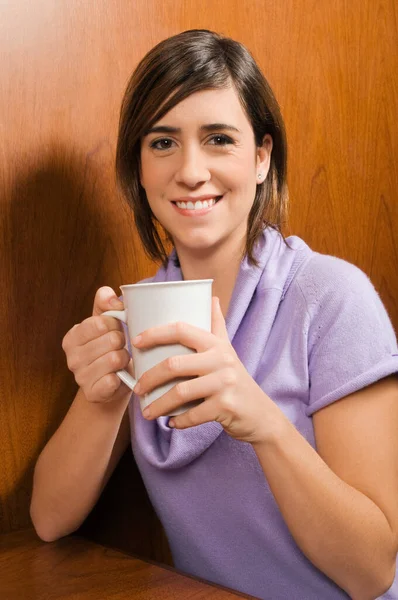 Beautiful Young Woman Drinking Coffee Kitchen — Stock Photo, Image