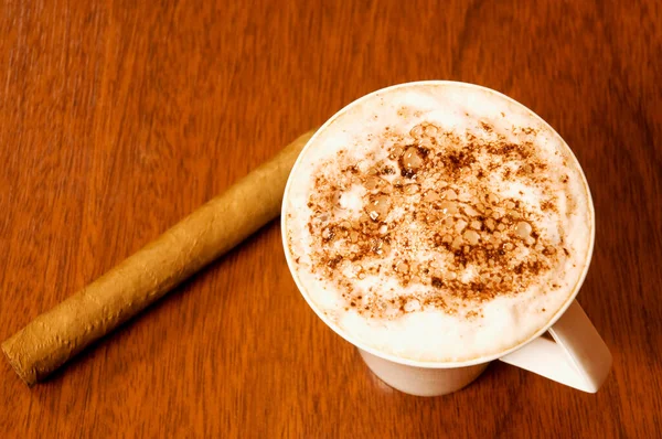 Xícara Café Com Canela Biscoitos Fundo Madeira — Fotografia de Stock