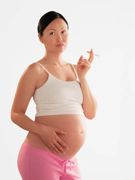 Beautiful Pregnant Woman Pink White Shirt Light Background — Stock Photo, Image