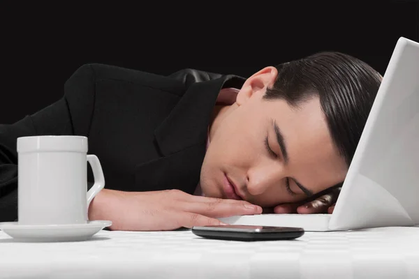 Jovem Asiático Homem Negócios Dormindo Mesa Com Uma Xícara Café — Fotografia de Stock