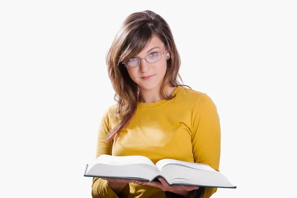 Mujer Joven Con Gafas Libros Sobre Fondo Blanco — Foto de Stock