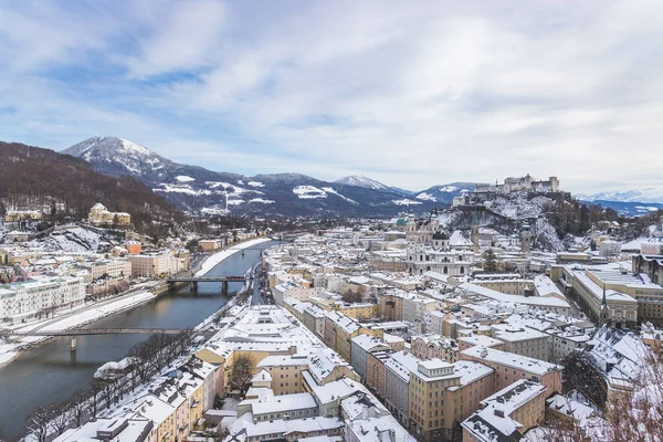 Panorama Salzburgo Invierno Centro Histórico Nevado — Foto de Stock