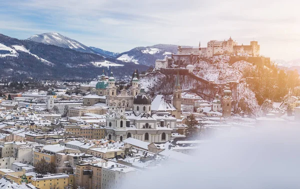Panorama Salzburgo Invierno Centro Histórico Nevado Sol — Foto de Stock