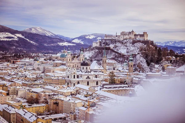 Panorama Salzburgo Invierno Centro Histórico Nevado — Foto de Stock