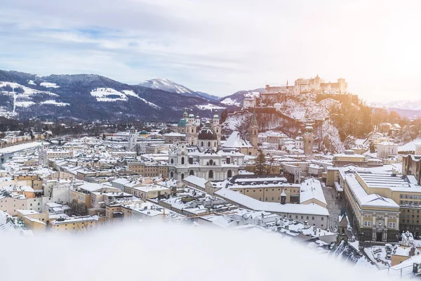 Panorama Salzburgo Invierno Centro Histórico Nevado Sol — Foto de Stock
