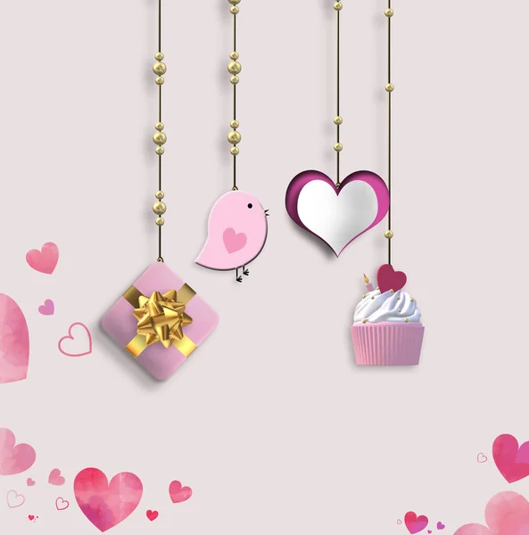 Niedliche Valentinskarte Hängendes Herz Geschenkbox Tasse Kuchen Auf Rosa Hintergrund — Stockfoto