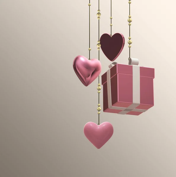 Różowe Serca Pudełko Pastelowym Różowym Tle Wiszące Symbole Miłości Walentynki — Zdjęcie stockowe
