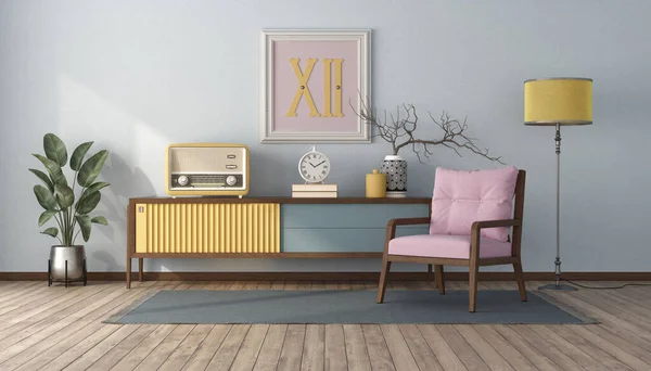 Vintage style living room with pastel color,sideboard and pink armchair - 3d rendering