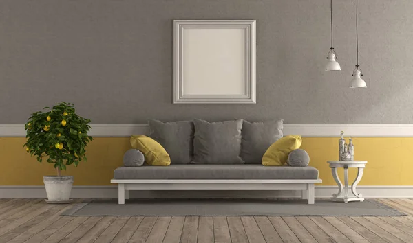 Sala Estar Retro Cinza Amarelo Com Sofá Moldura Branco Renderização — Fotografia de Stock