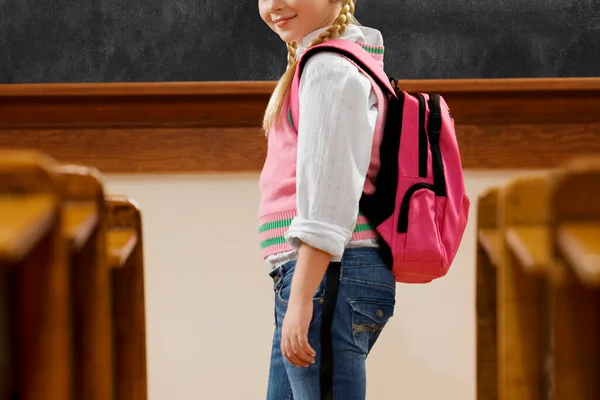 Rückseite Schulmädchen Mit Rucksack Und Büchern Hintergrund — Stockfoto