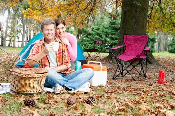 Parkta Piknik Battaniyesinde Oturan Mutlu Çift — Stok fotoğraf
