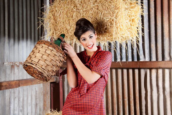 Schöne Junge Frau Mit Strohhut Und Kariertem Hemd Posiert Auf — Stockfoto