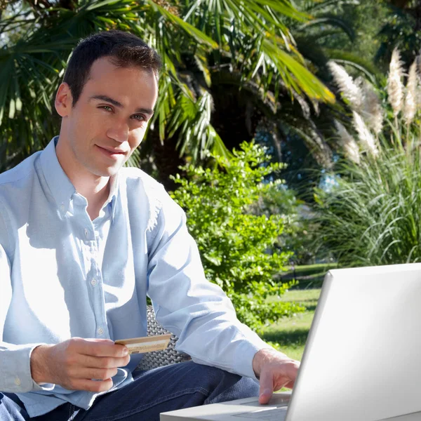 Young Man Sitting Bench Drinking Coffee — Stock Photo, Image