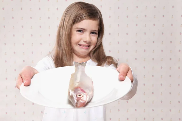 Little Girl White Shirt Blue Dress Toy Light Background — Stock Photo, Image