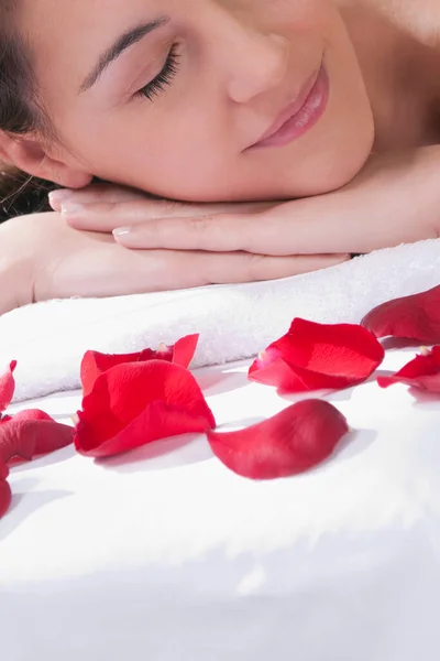 Beautiful Young Woman Red Rose Petals — Stock Photo, Image