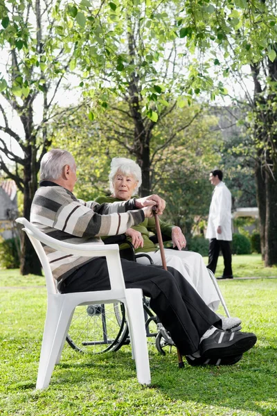 Couple Âgé Assis Sur Banc Dans Parc — Photo