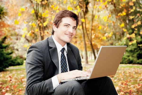 Businessman Laptop Park Stock Image