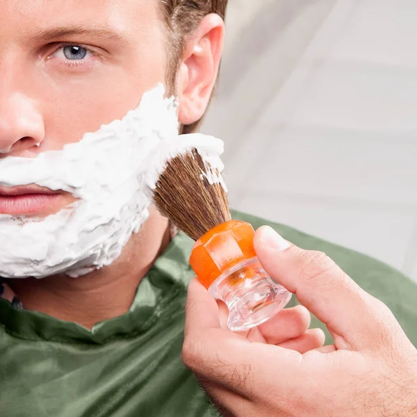 Man Shaving His Beard Brush White Background — Stock Photo, Image