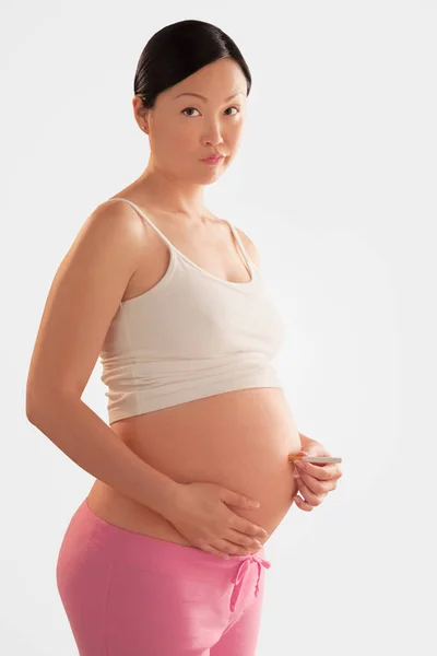 Красивая Беременная Женщина Животом Белом Фоне — стоковое фото