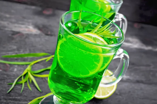 Tarragon Lemonade Ice Lime Slices Estragon Sprigs Two Goblets Black — Stock Photo, Image