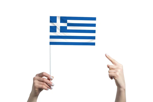 Una Hermosa Mano Femenina Sostiene Una Bandera Grecia Que Muestra —  Fotos de Stock