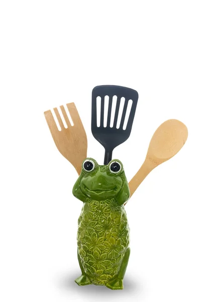 Sur Support Céramique Forme Grenouille Accessoires Cuisine Bois Plastique Sur — Photo