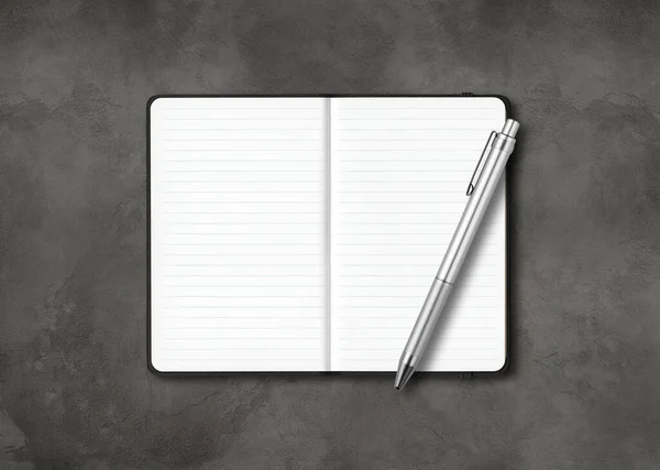 Black Open Lined Notebook Mockup Pen Isolated Dark Concrete Background — Stock Photo, Image