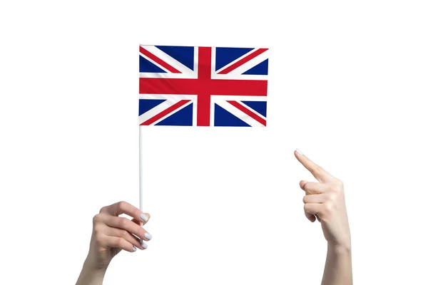 Egy Gyönyörű Női Kéz Tartja Egyesült Királyság Zászlaját Amelyhez Másik — Stock Fotó