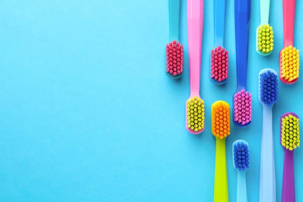 Flat Lay Colorful Toothbrushes Color Background — Stock Photo, Image