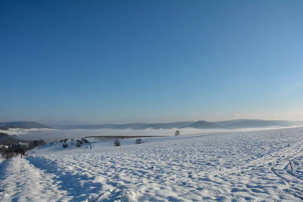 德国巴伐利亚斯皮萨特的雪景 田里有雾 蓝天蓝天 — 图库照片