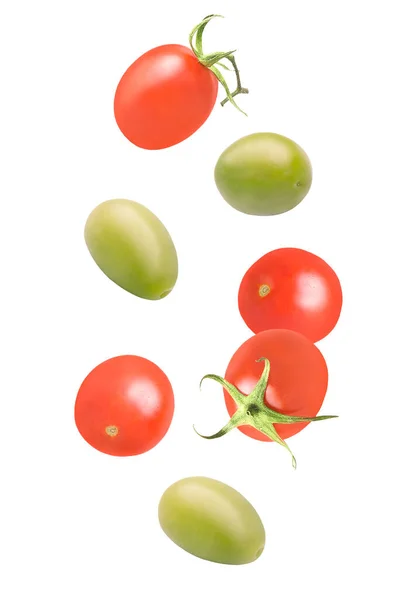 Isoliertes Gemüse Sieben Gemischte Tomaten Und Grüne Oliven Fallen Mit — Stockfoto