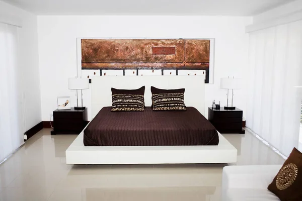 有沙发和白色墙壁的现代卧房内部 — 图库照片