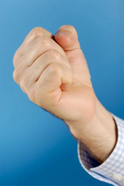 Hand Eines Mannes Mit Blauem Shirt Auf Weißem Hintergrund — Stockfoto