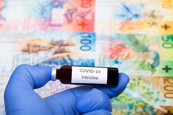 Vacina Contra Covid Contexto Dinheiro Suíço Franc — Fotografia de Stock
