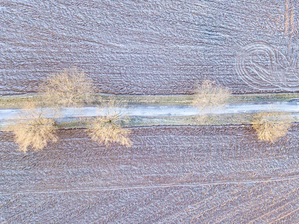 Winter Road Landscape Covered Morning Frost Top Aerial View Landscape — Stock Photo, Image