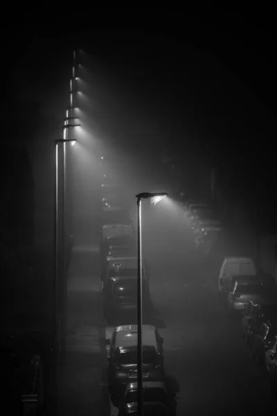 Moderní Led Pouliční Osvětlení Osvětlující Prázdnou Mlhavou Ulici Pavučina Lampě — Stock fotografie
