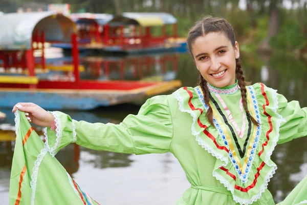 Portrait Young Woman Standing Lake Smiling — Stock Photo, Image