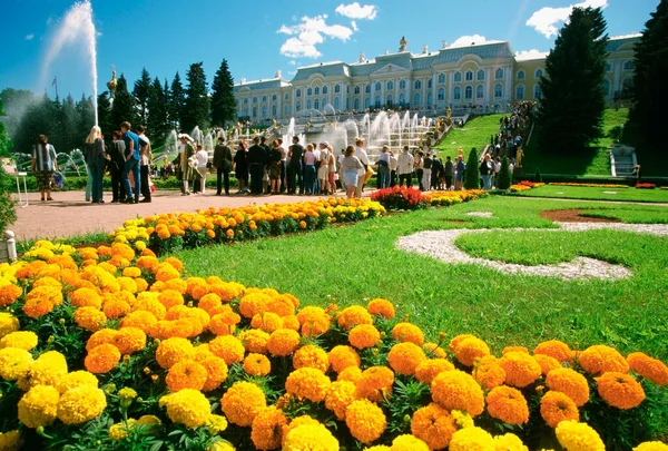 Los Turistas Jardín Palacio Peterhof Grand Palace San Petersburgo Rusia — Foto de Stock
