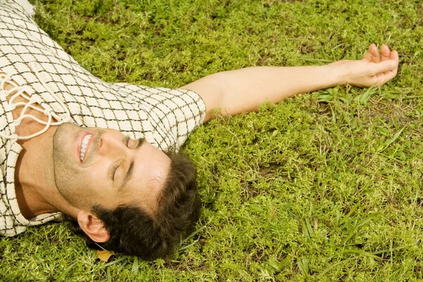 High Angle View Mid Adult Man Sleeping Grass — Stock Photo, Image