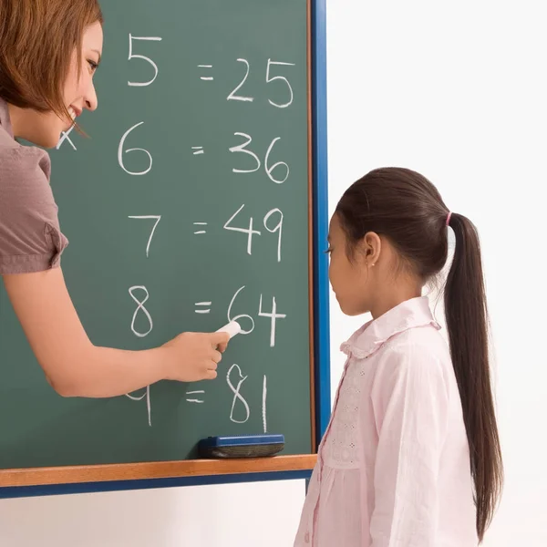 Schoolgirl Menulis Papan Tulis Kelas — Stok Foto