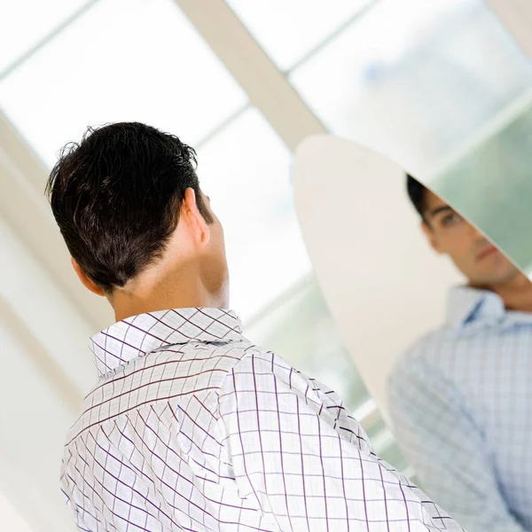 Young Man Looking Himself Mirror — Stock Photo, Image