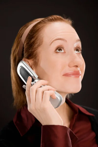 Portrait Une Belle Jeune Femme Avec Téléphone — Photo