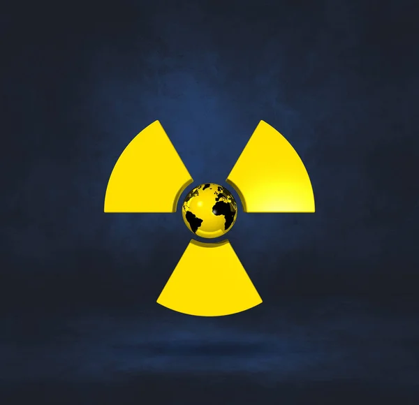 Mapa Świata Temat Symbolu Radioaktywnego Ciemnoniebieskie Tło Studia Ilustracja — Zdjęcie stockowe