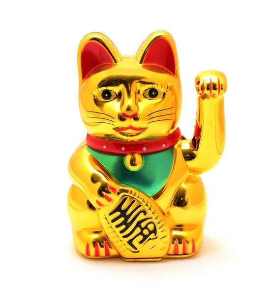 Maneki Neko Japonês Lucky Cat Golden Figurine Fundo Branco — Fotografia de Stock