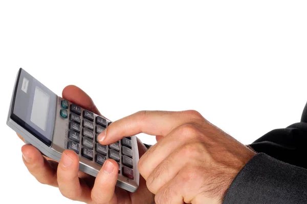 Mann Hält Taschenrechner Der Hand Und Schaut Auf Den Bildschirm — Stockfoto