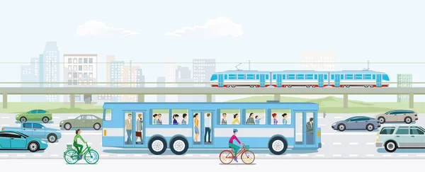 Tráfico Por Carretera Con Tren Elevado Autobús Ciclista Ilustración Del — Foto de Stock