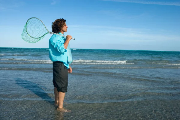 Mujer Joven Con Una Raqueta Playa — Foto de Stock
